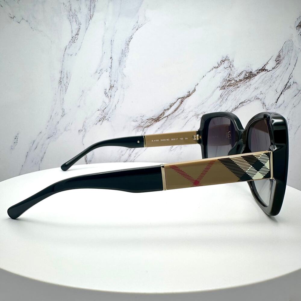 New Burberry Sunglasses Black Square Frames Checkered Arms Gradient BURBERRY - Picture 4 of 16